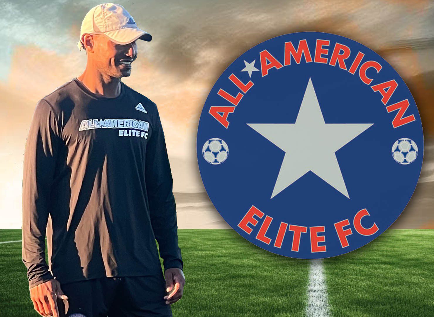 A man standing next to an all american elite logo.